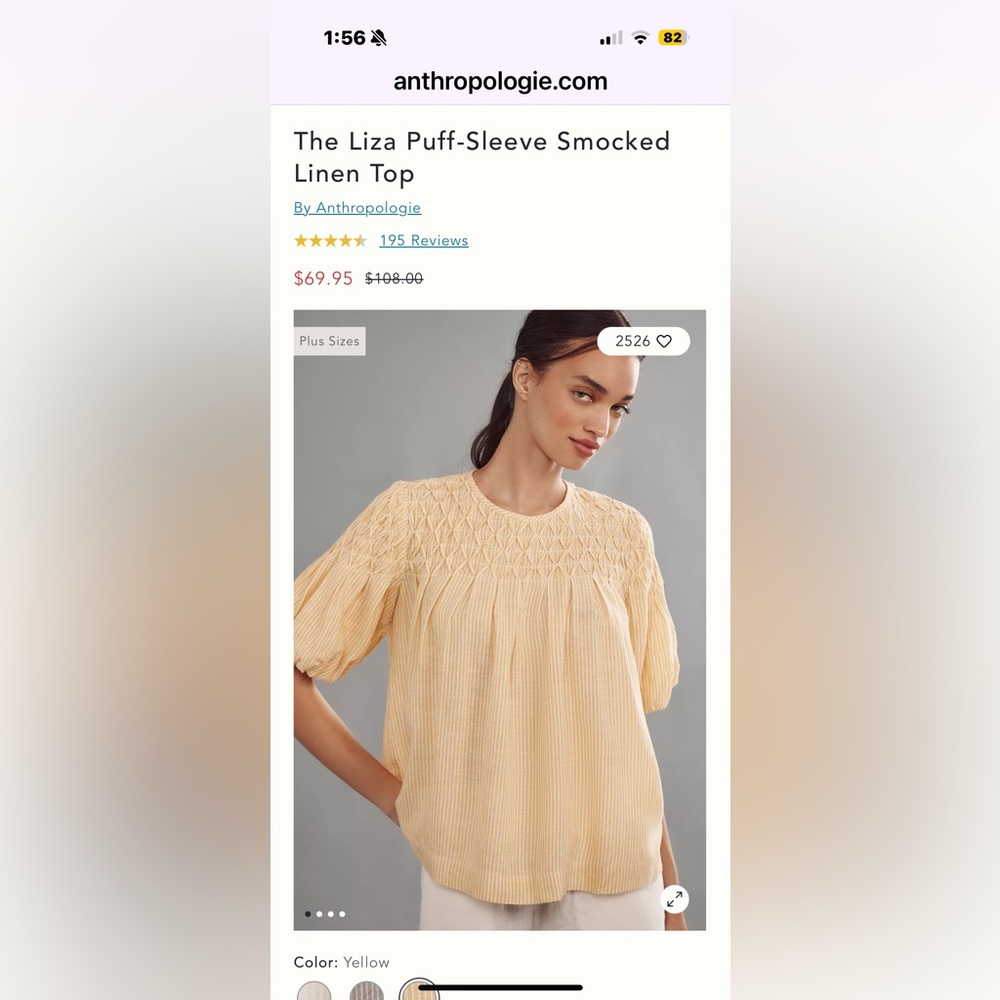 Anthropologie Puff-Sleeve Smocked Top - Yellow